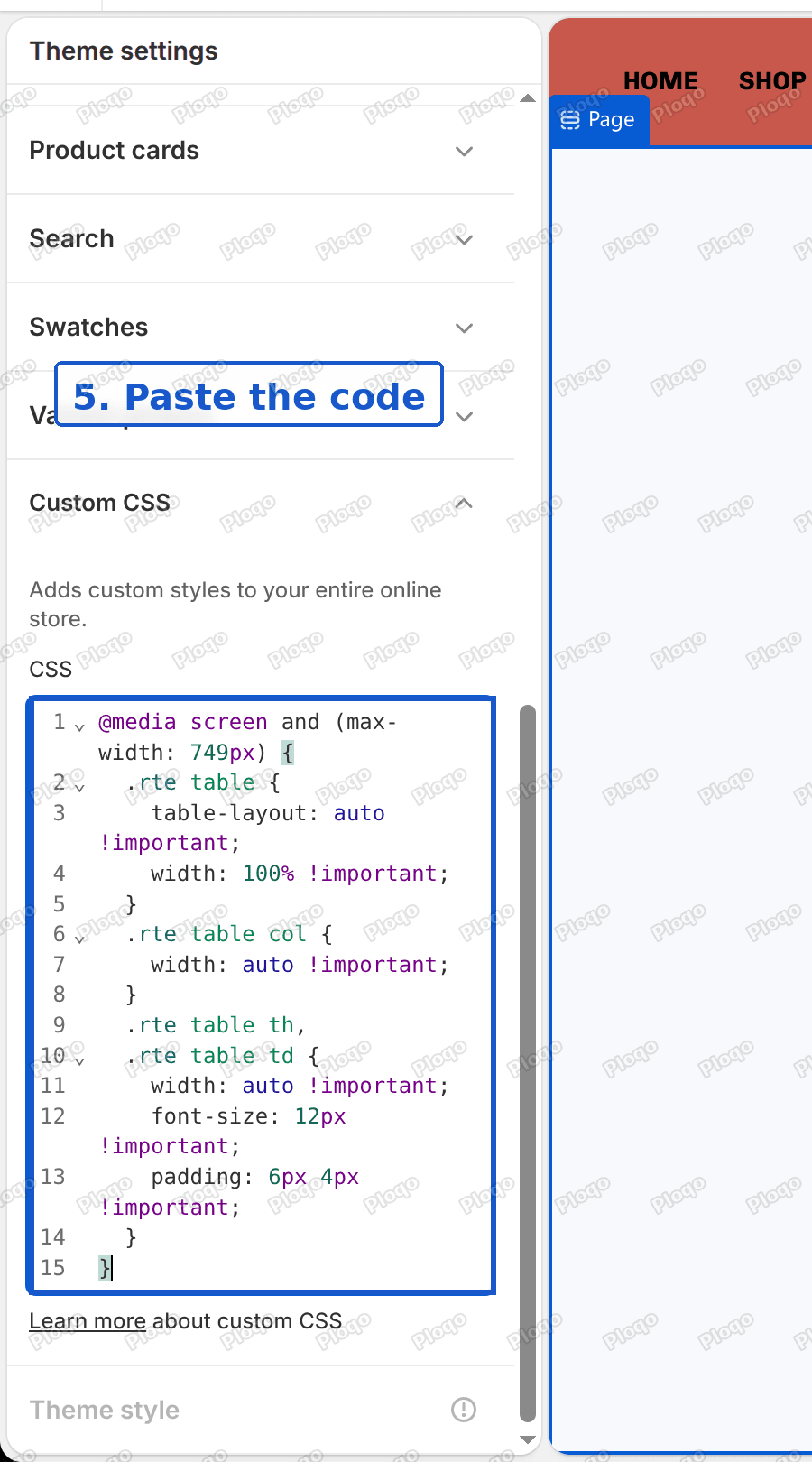 The Custom CSS box with the table code pasted in