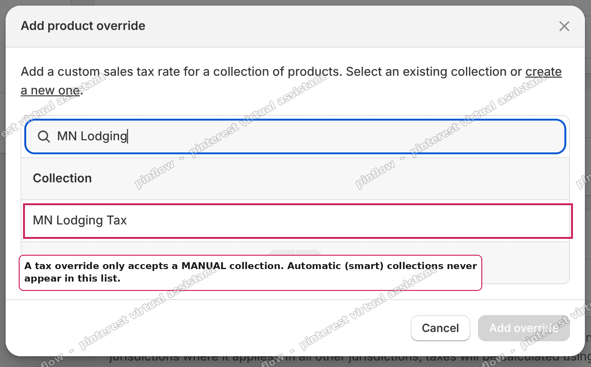 Shopify tax override picker showing only manual collections