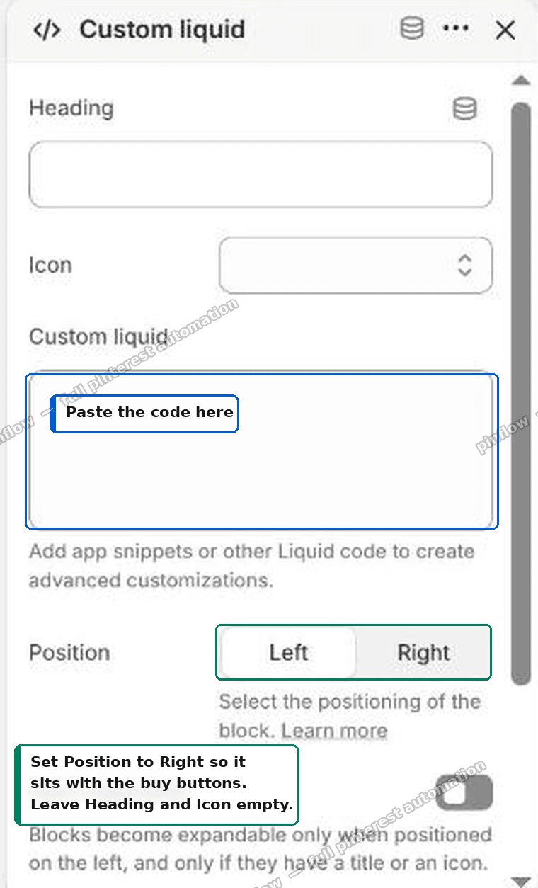 The Custom liquid block settings with Position set to Right