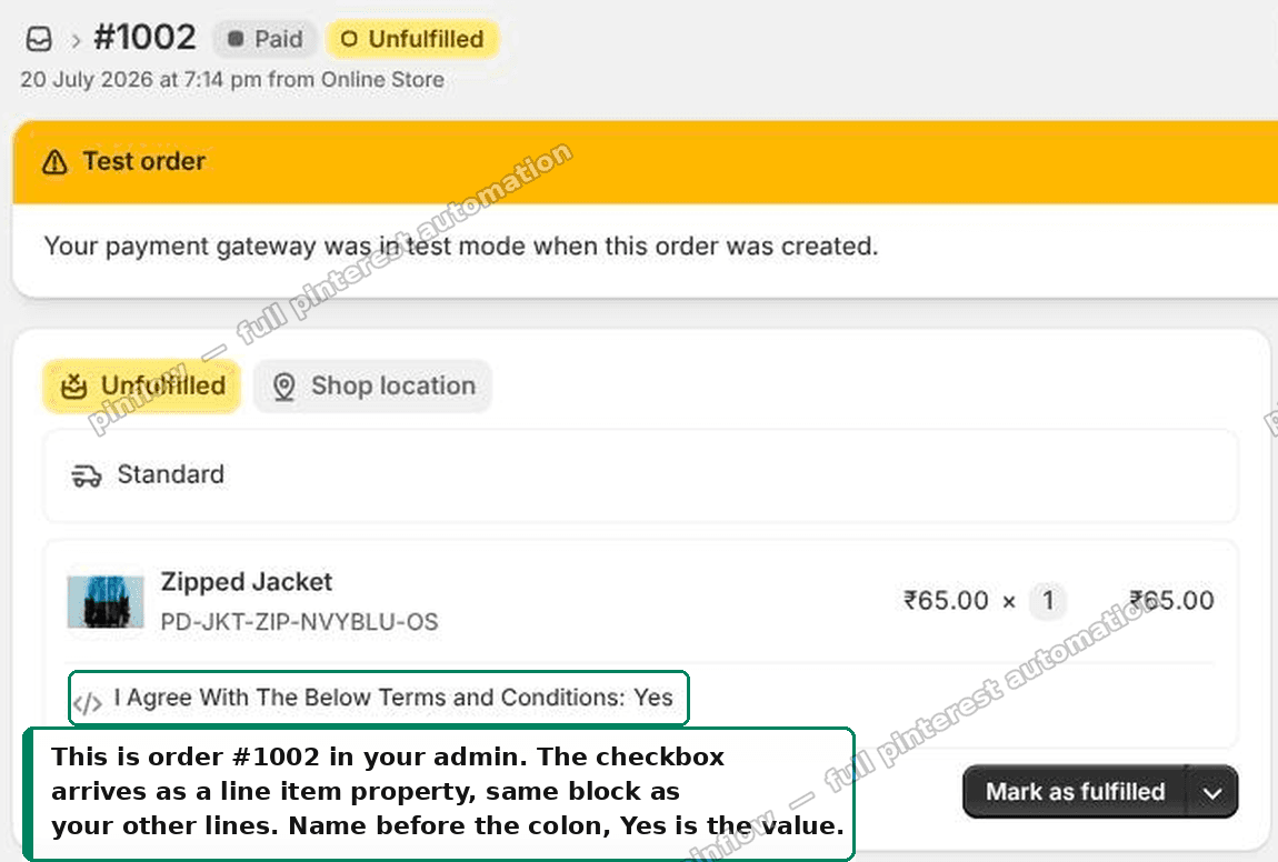 The terms acceptance shown on the order in the Shopify admin