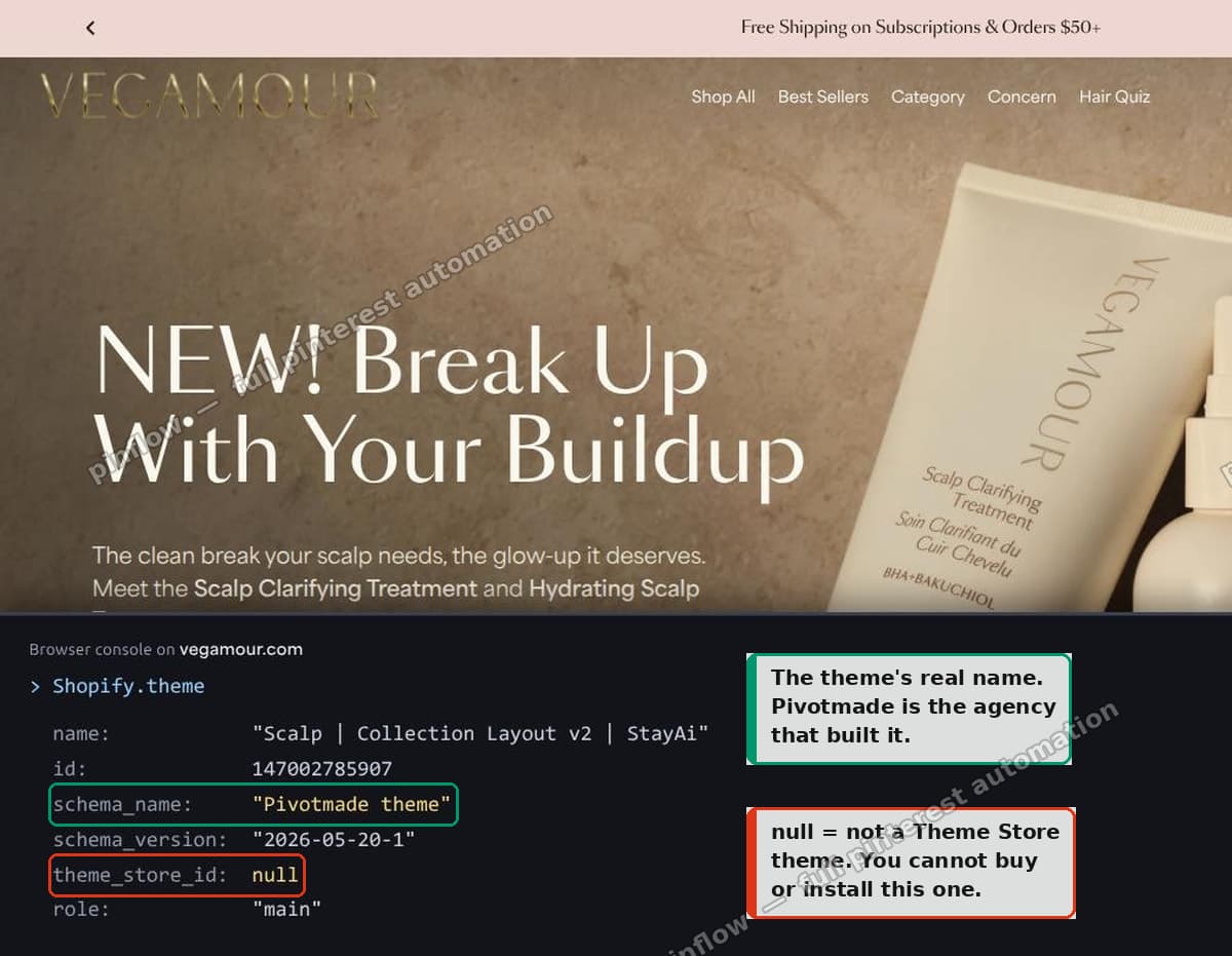The Shopify.theme object on vegamour.com showing schema_name and a null theme_store_id