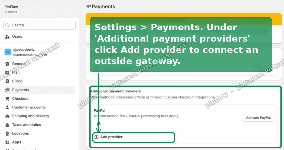 Settings, then Payments, then Add provider