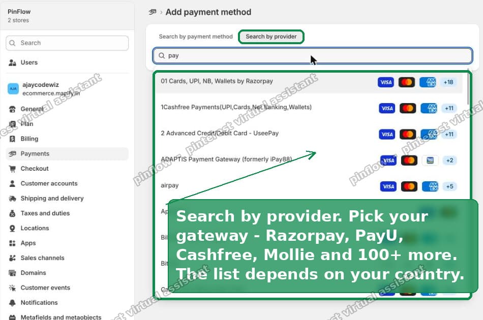 The third-party provider list in Shopify