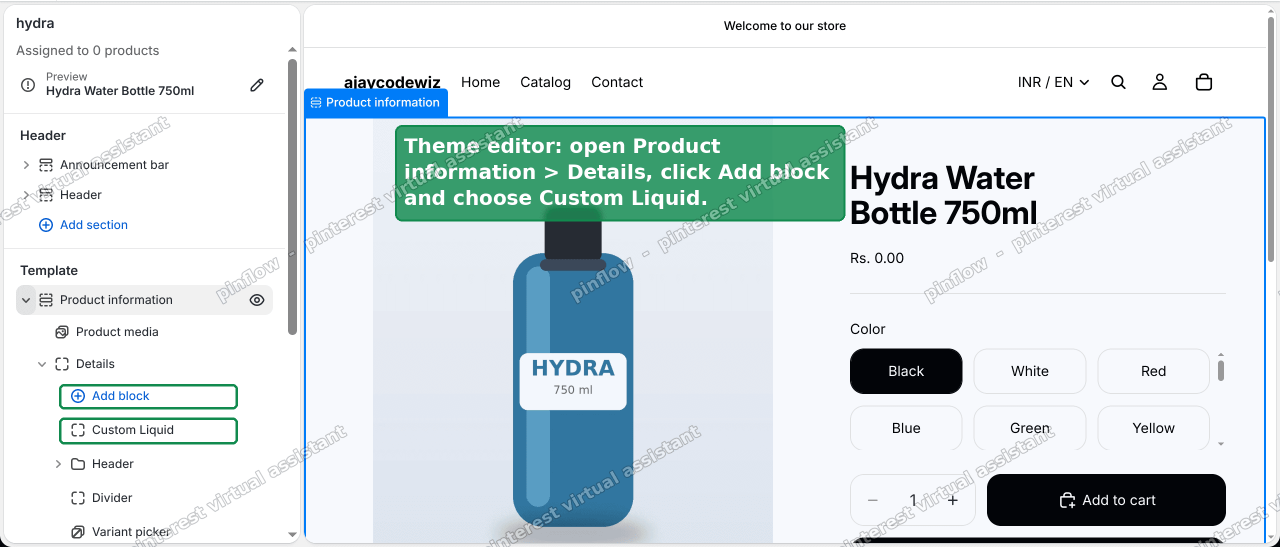 Theme editor - add a Custom Liquid block under Product information, Details