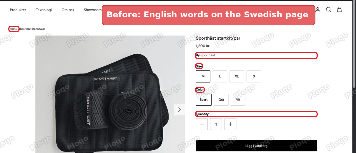 The Swedish product page with English words: Home, By, Size, Color and Quantity