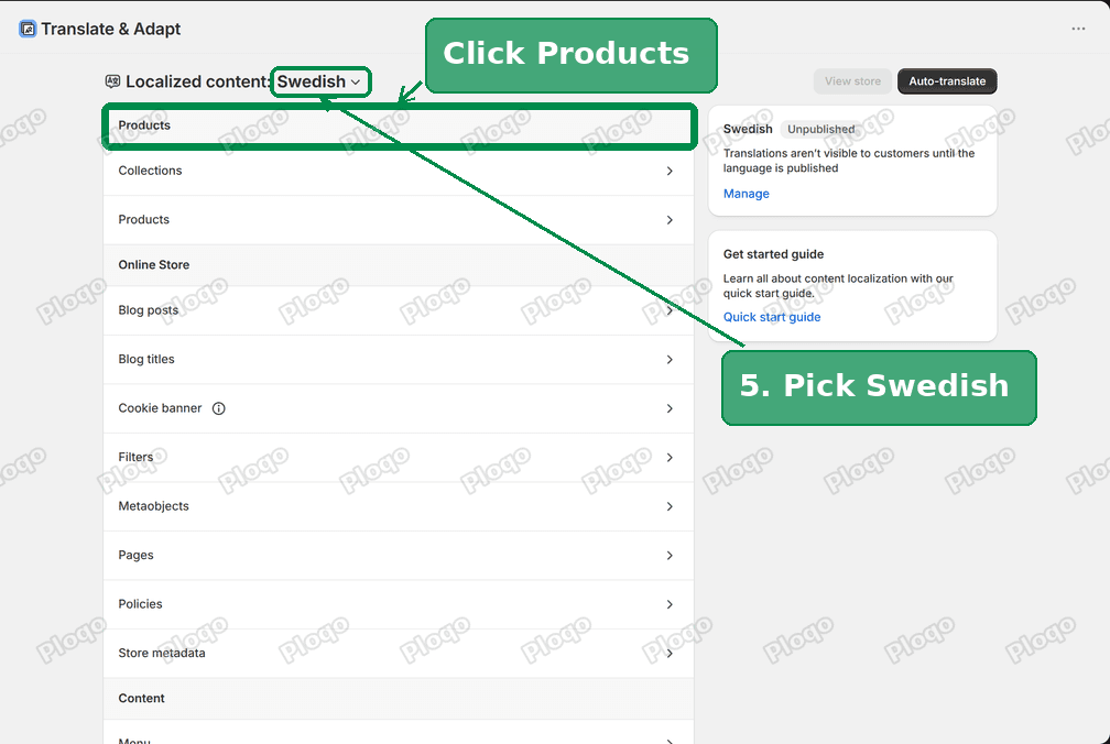 Translate & Adapt with Swedish selected and the Products row