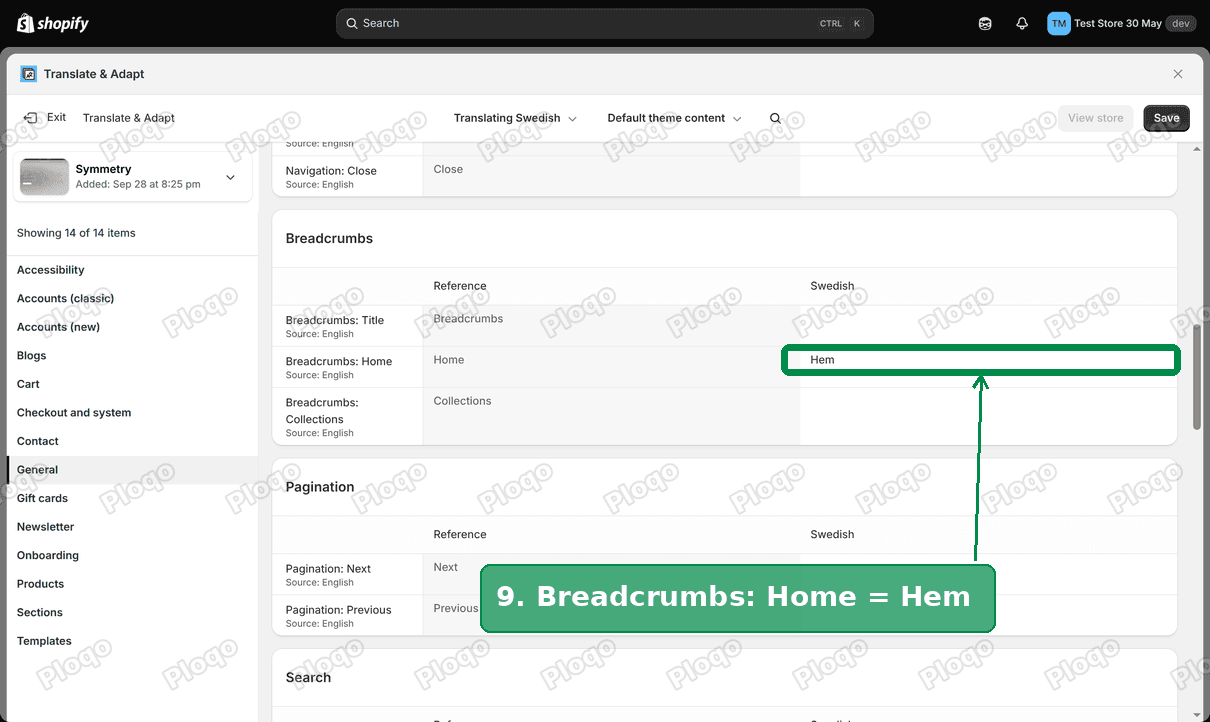 Breadcrumbs Home translated to Hem