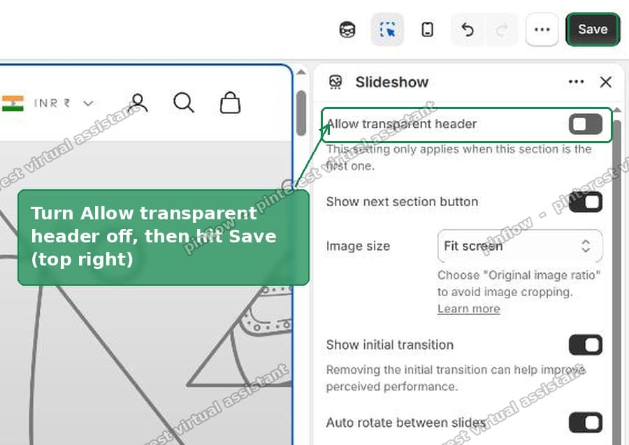 Turn off Allow transparent header, then Save