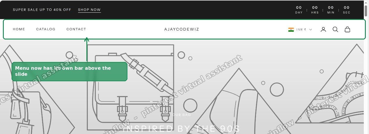 The menu now has its own bar above the slideshow