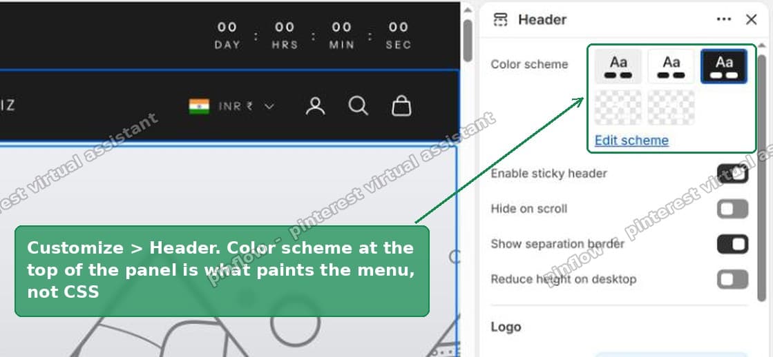 The Header section Color scheme is what paints the menu, not CSS