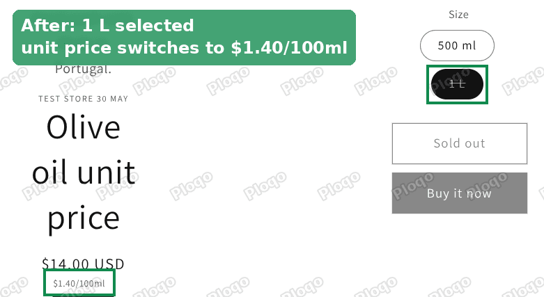 Dawn product page after picking 1 L, the unit price now reads $1.40/100ml