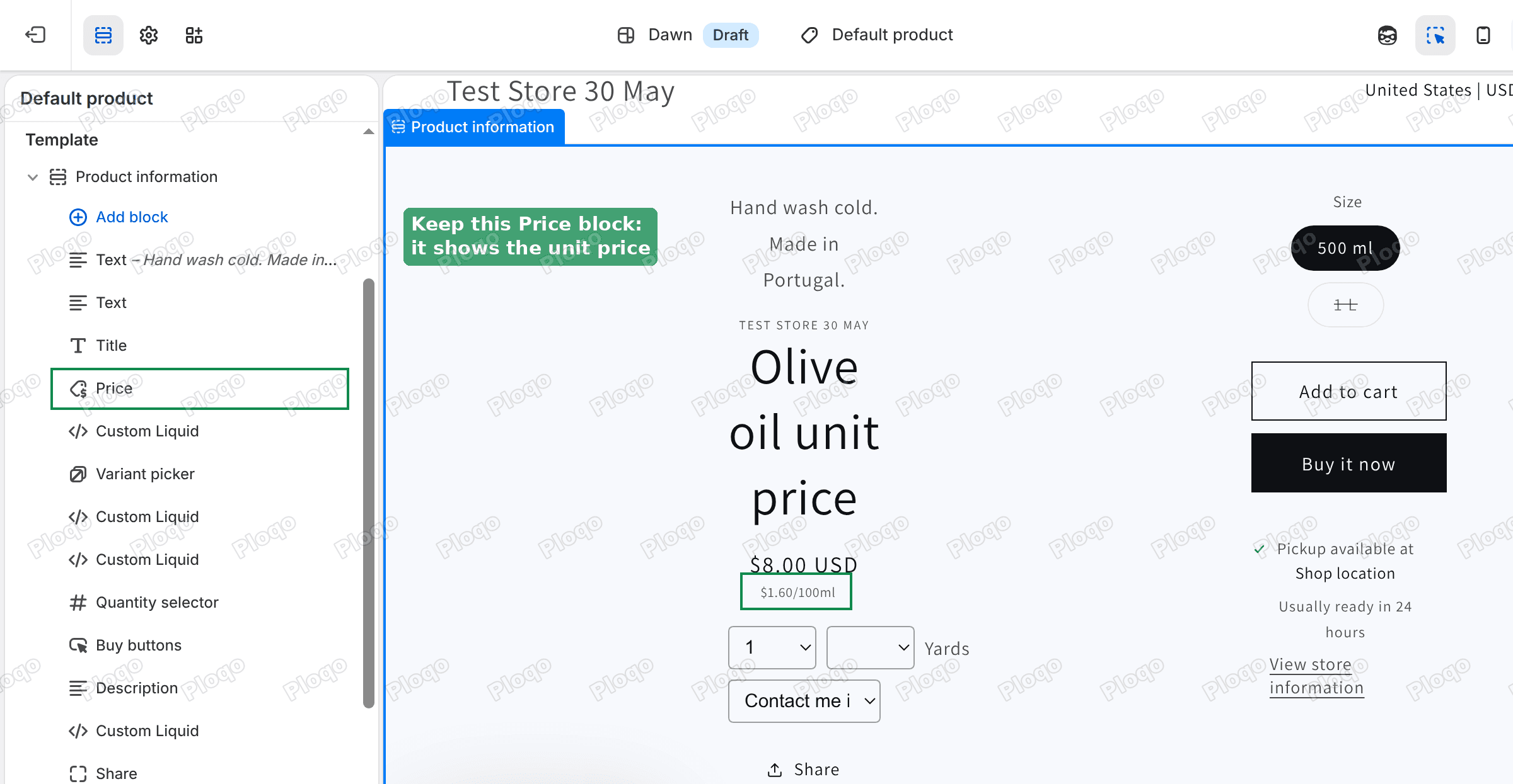 Dawn theme editor with the Price block highlighted in the Product information section