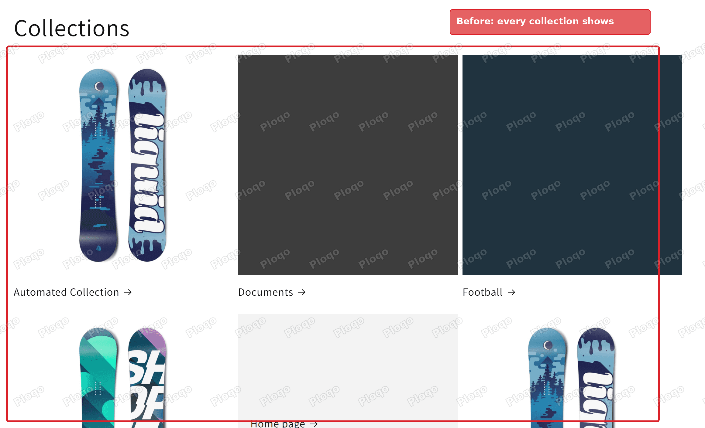 Before: the /collections page on a Dawn store listing every collection, including Documents and Home page