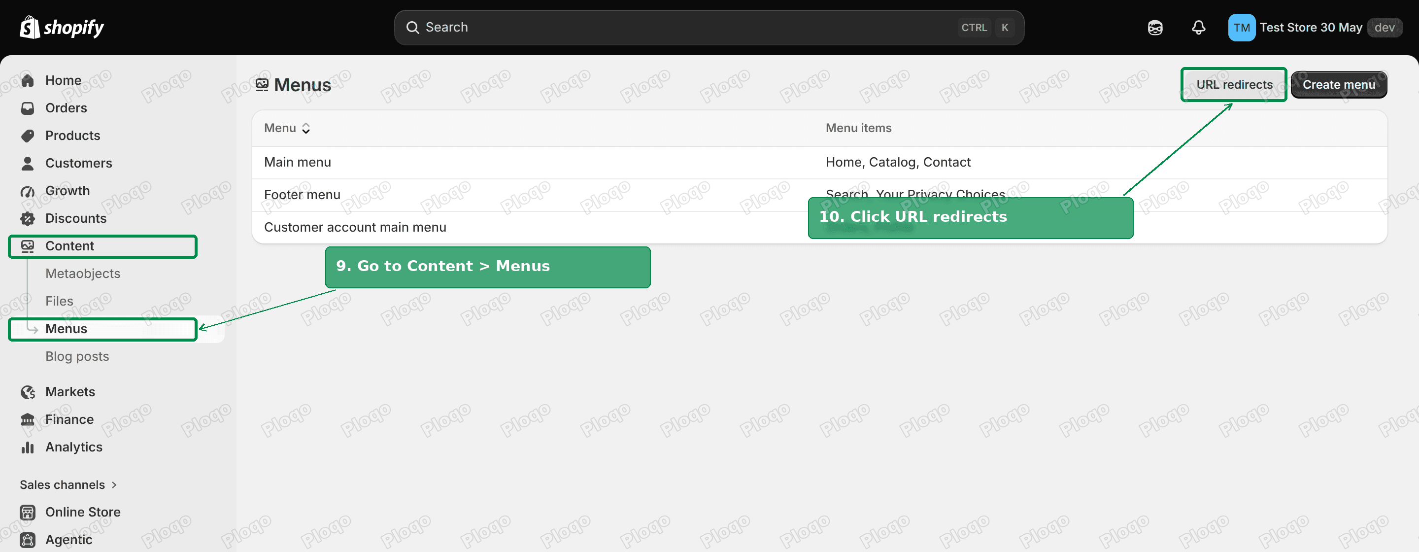 Shopify admin Menus page with Content and Menus highlighted in the left sidebar and the URL redirects button highlighted top right