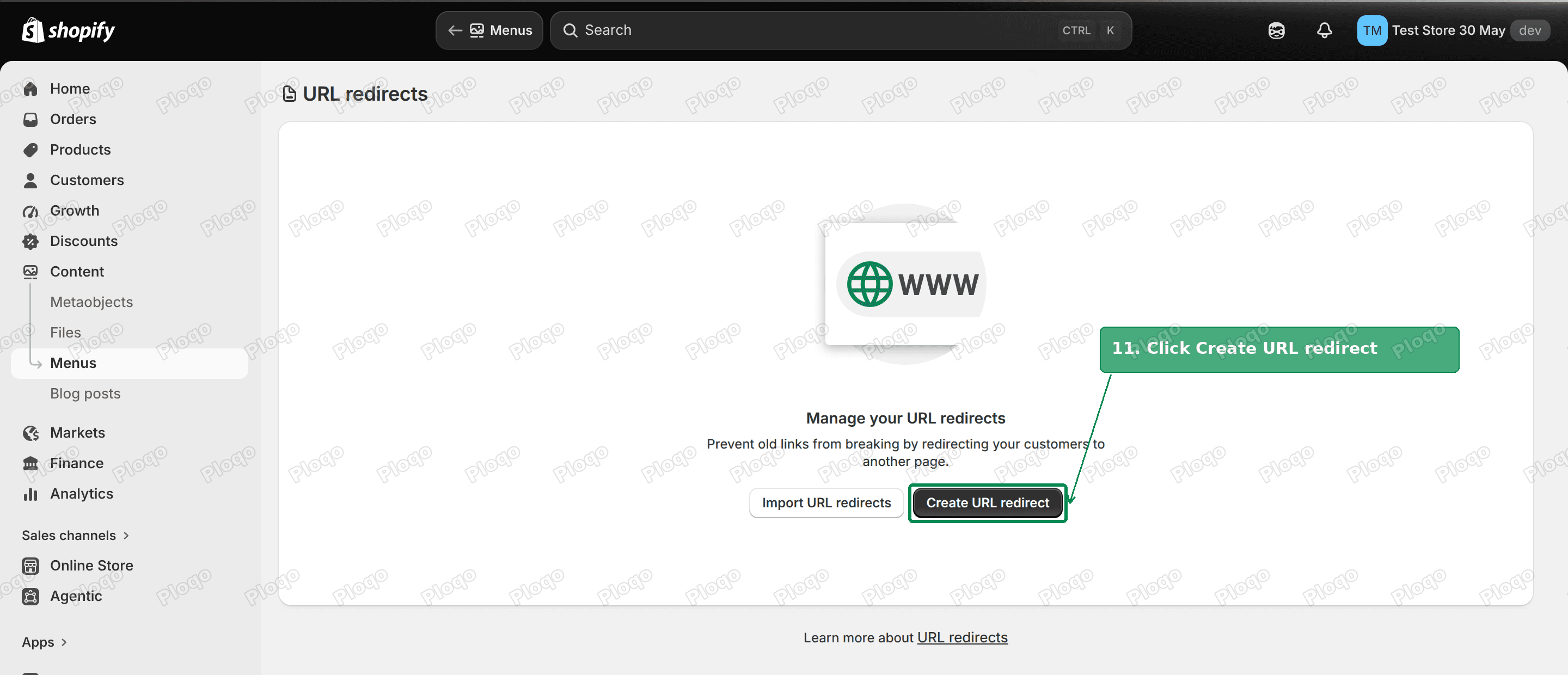 The URL redirects page with the Create URL redirect button highlighted