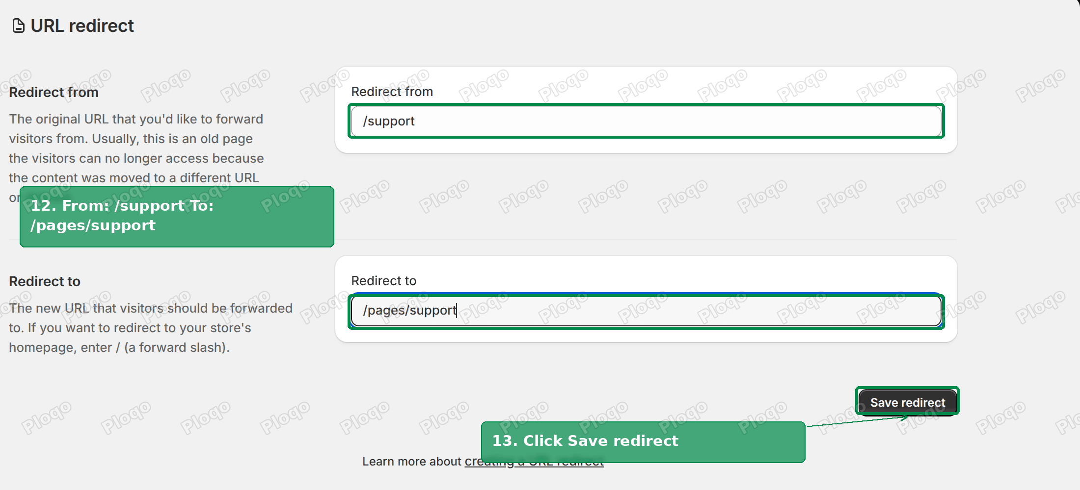 The URL redirect form with /support in Redirect from, /pages/support in Redirect to and the Save redirect button highlighted