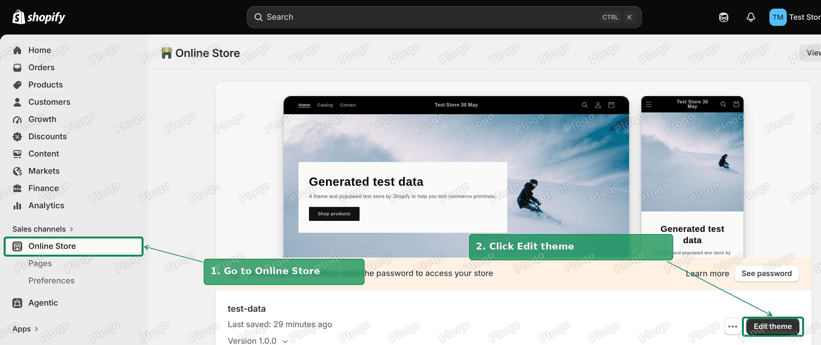 Shopify admin Online Store themes page with Online Store highlighted in the sidebar and the Edit theme button highlighted