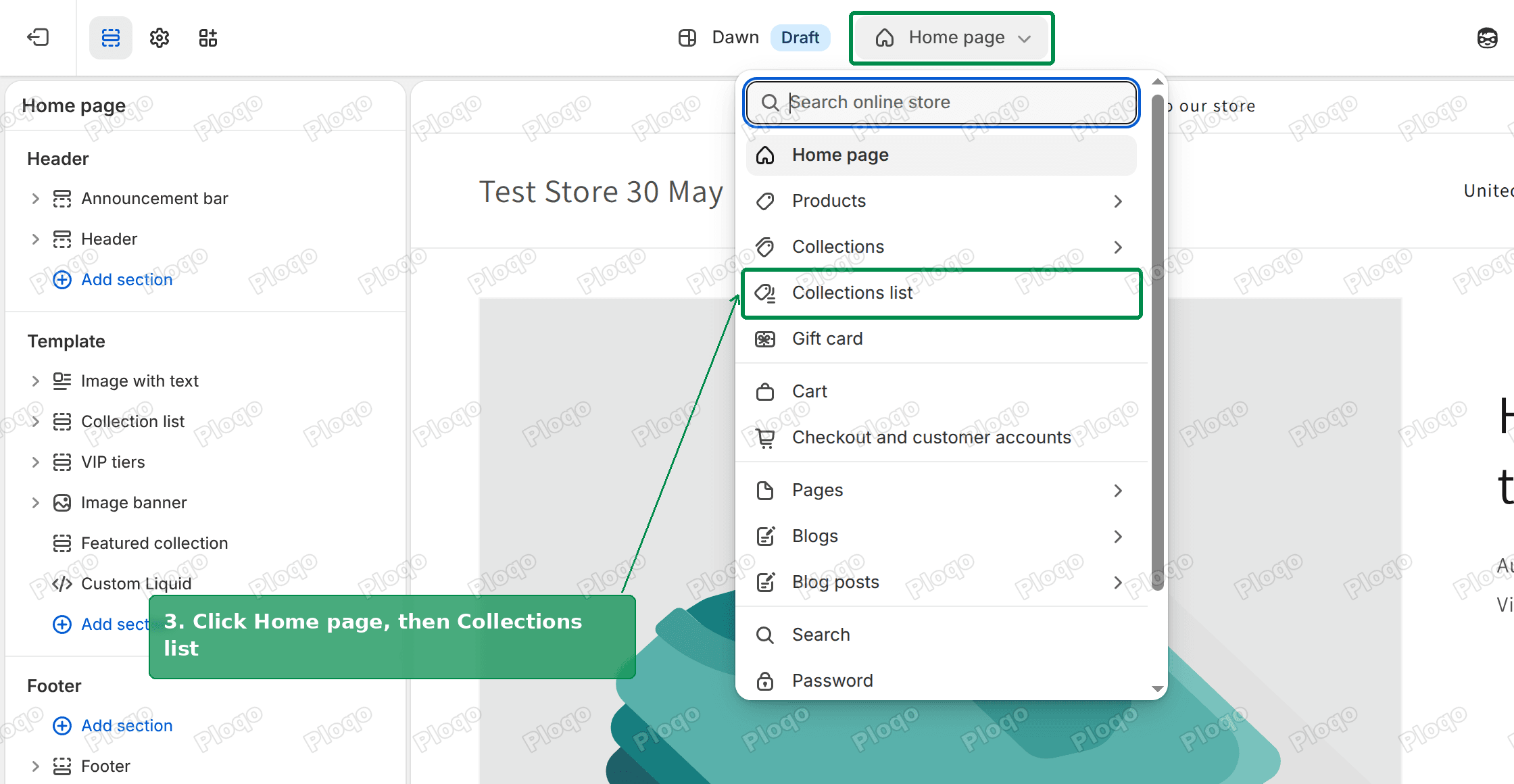 The theme editor template menu opened from Home page, with Collections list highlighted