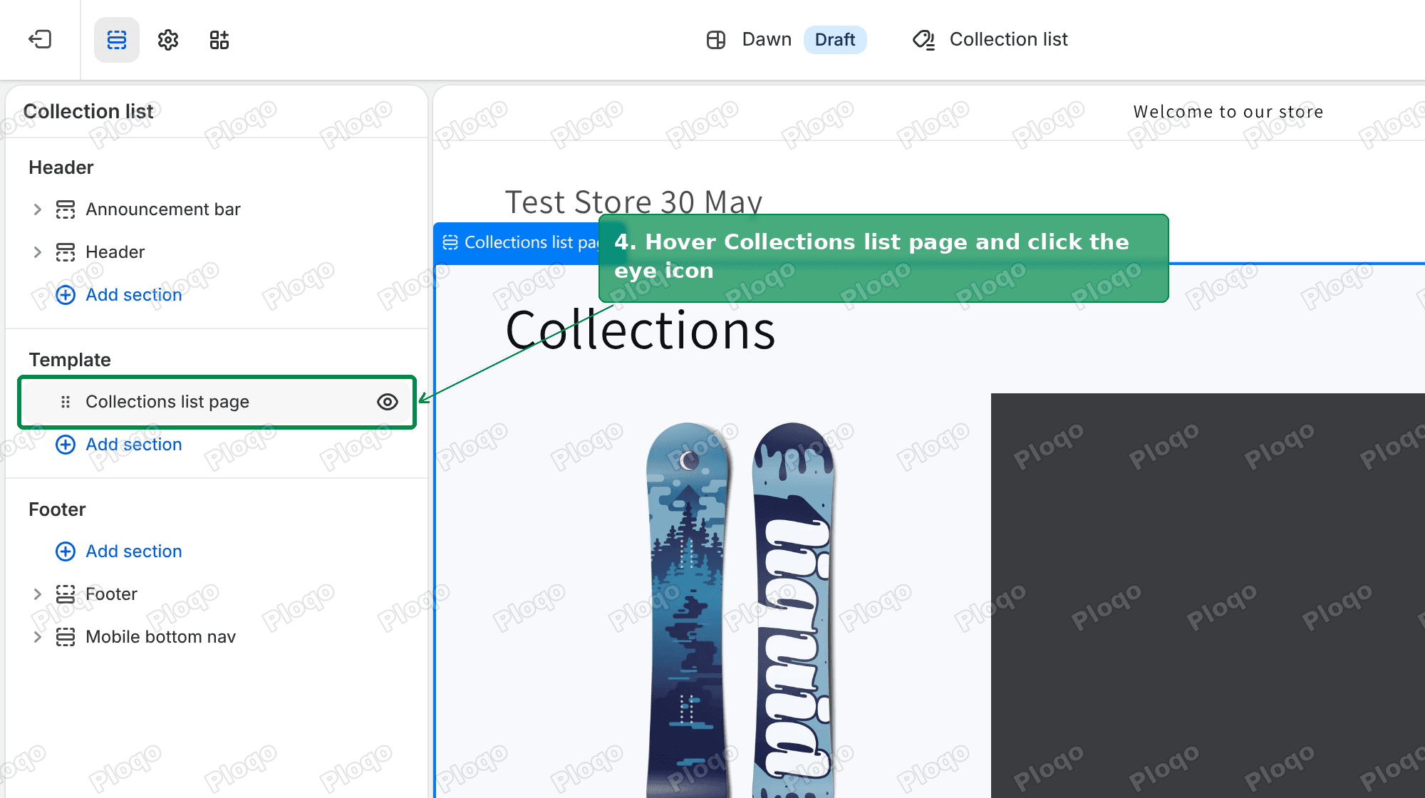The Collections list template in the theme editor, with the eye icon next to Collections list page highlighted