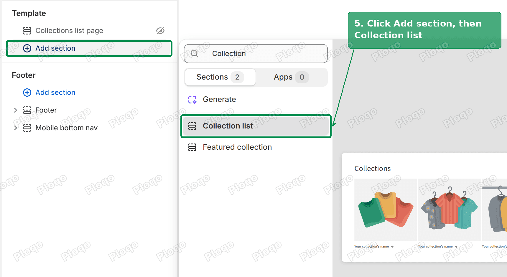 The Add section search showing Collection list and Featured collection, with Collection list highlighted