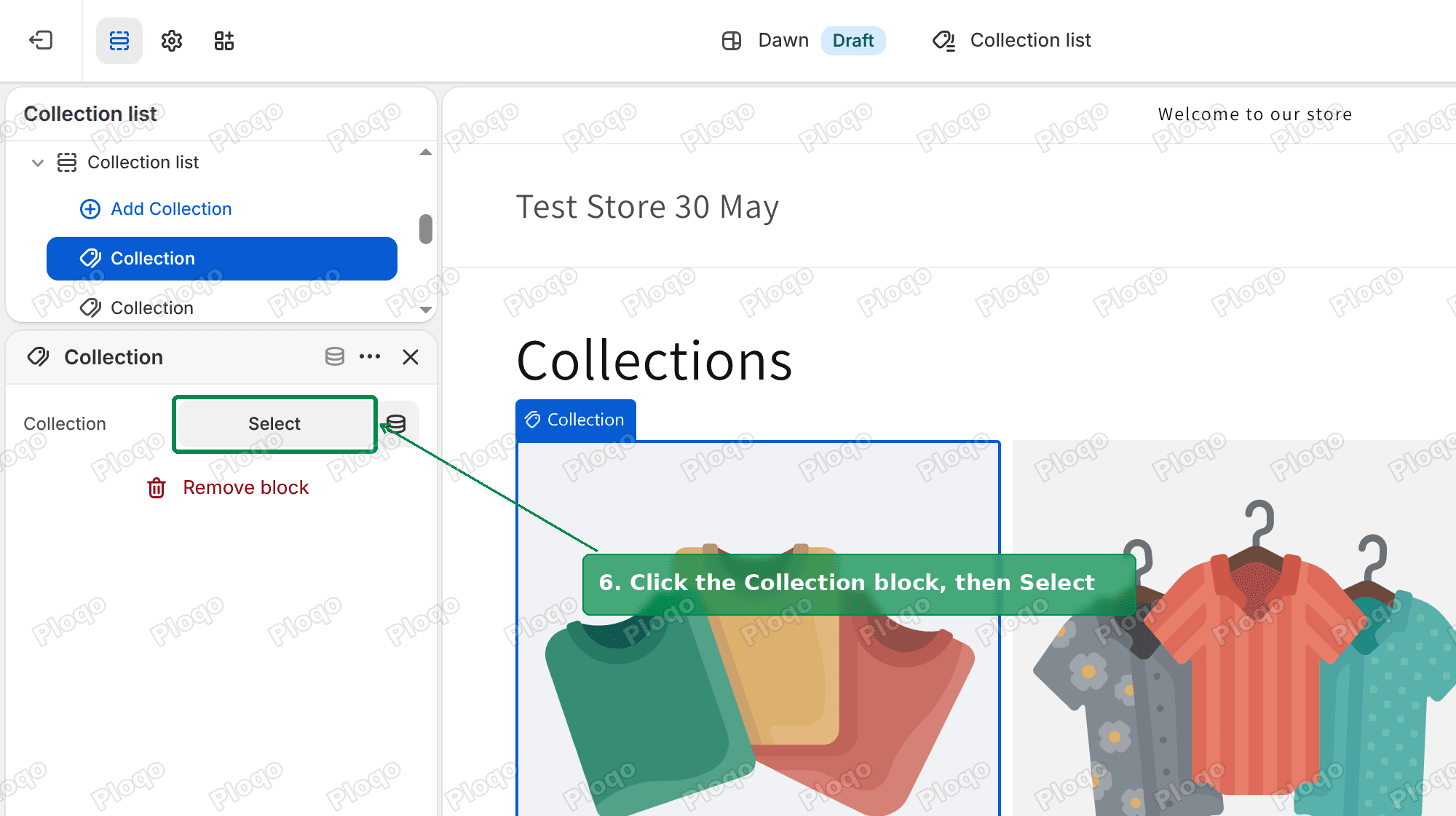 A Collection block's settings in the sidebar with the Select button highlighted