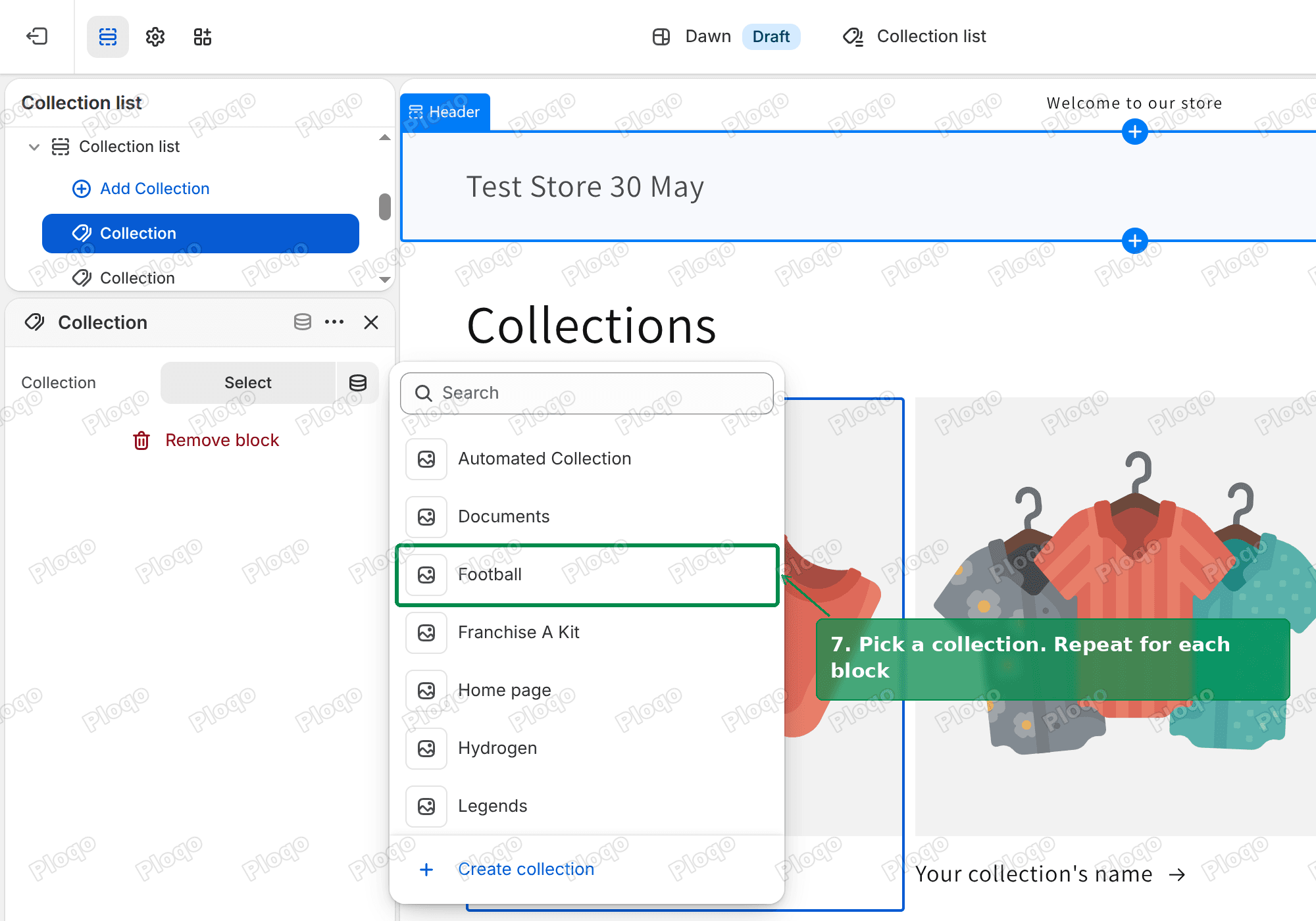 The collection picker listing the store's collections, with Football highlighted