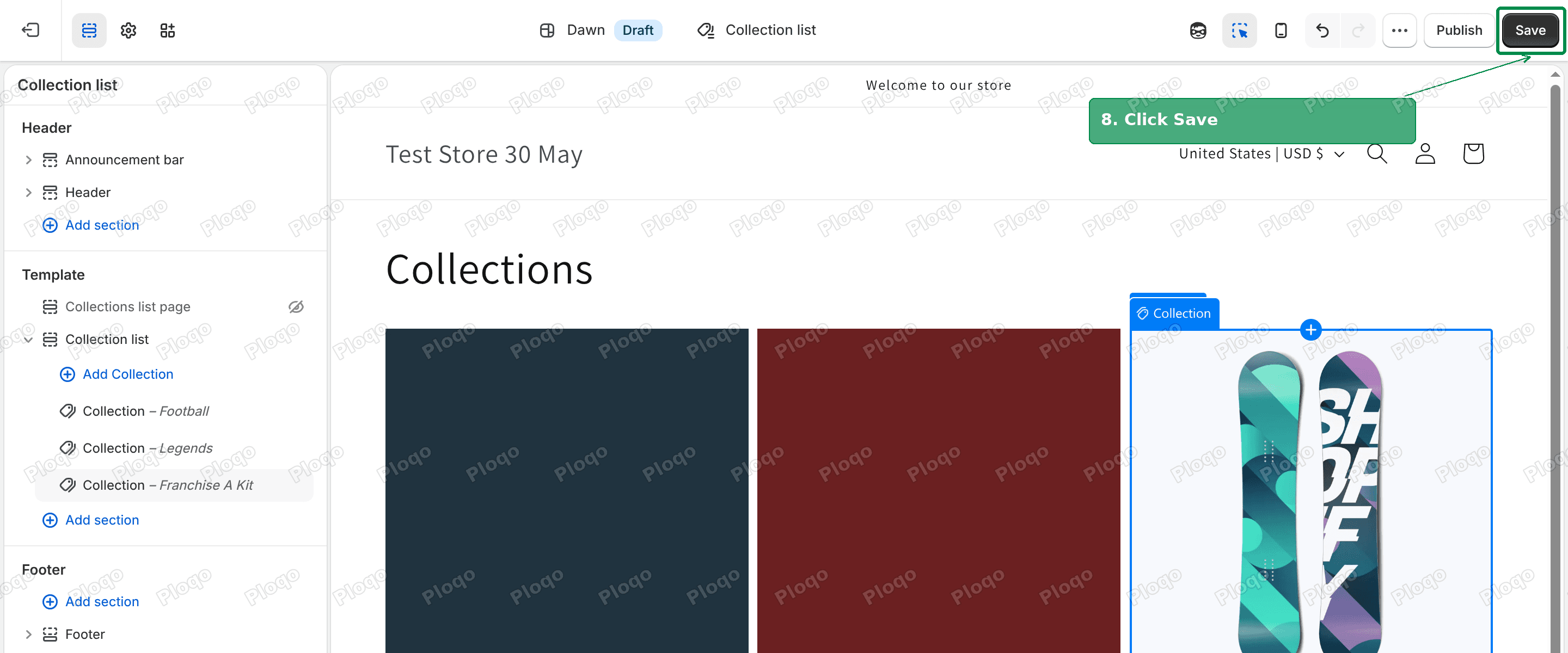 The theme editor with three picked collections in the preview and the Save button highlighted