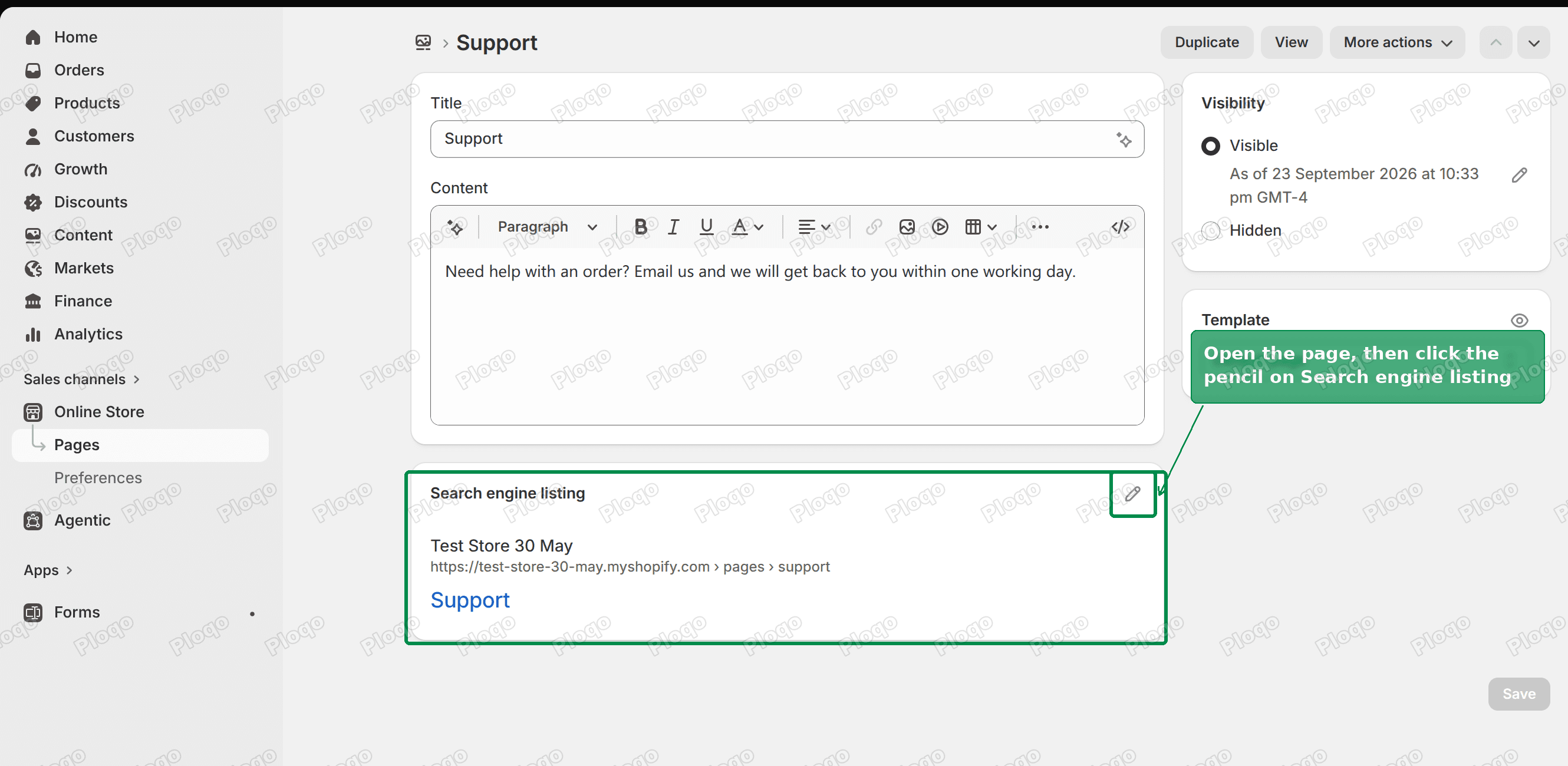 A Shopify page editor with the Search engine listing card and its pencil icon highlighted