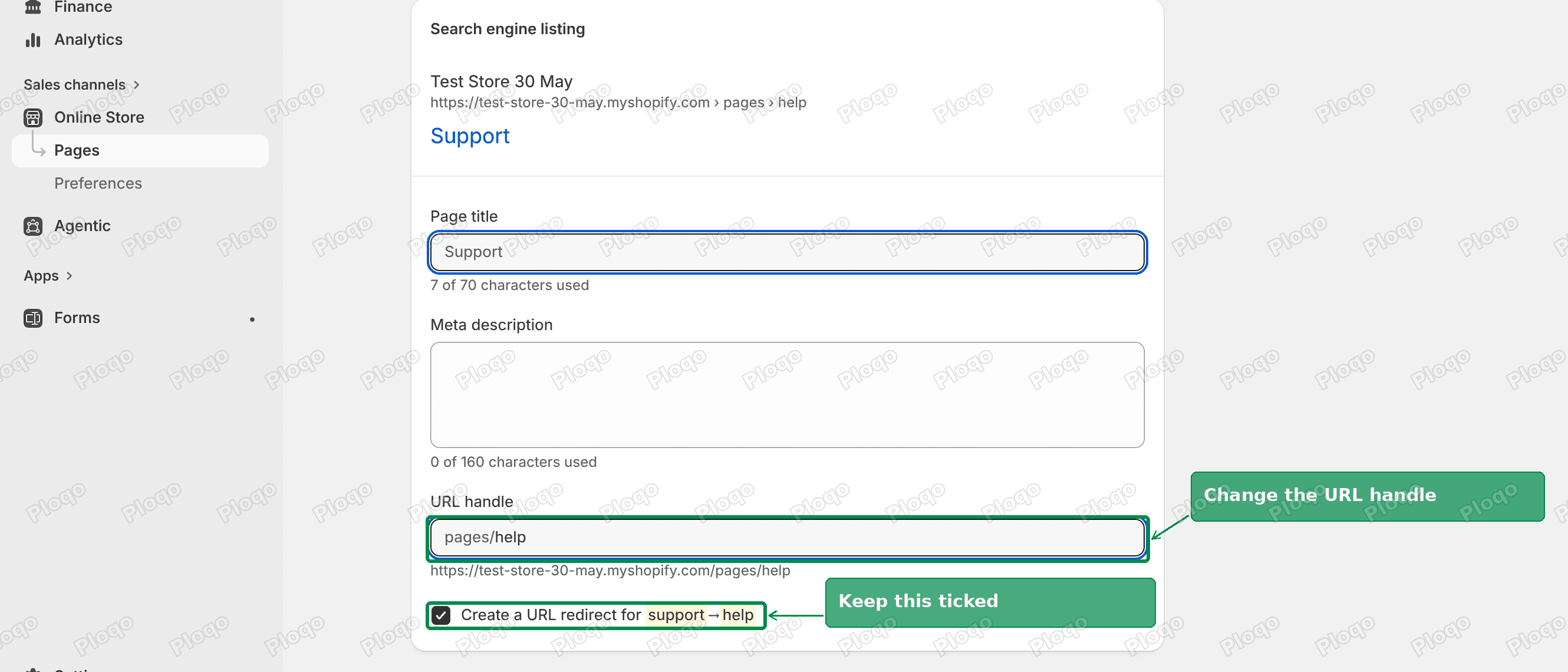The URL handle field changed from support to help, with the Create a URL redirect for support to help checkbox ticked
