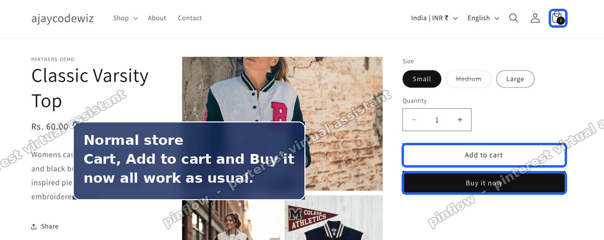 Normal Shopify Dawn product page with a working cart icon, Add to cart button, and Buy it now button