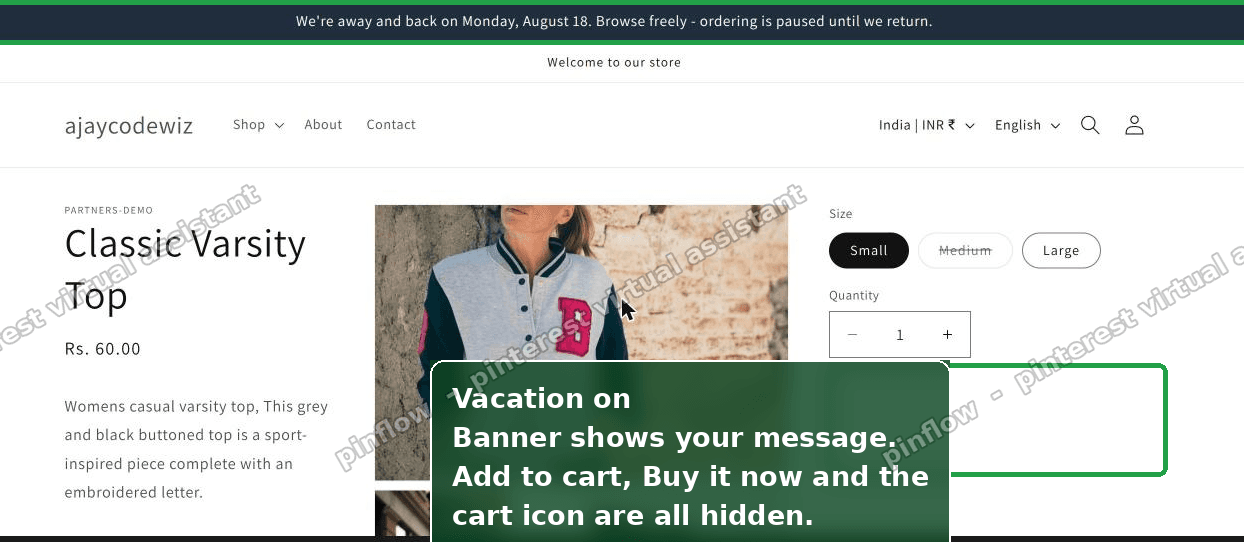 Shopify store in vacation mode with a back soon banner at the top and the buy buttons hidden