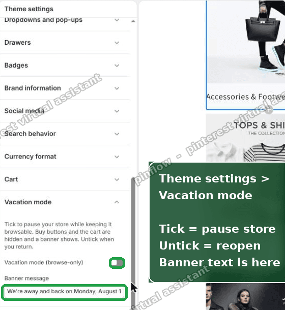 Shopify theme customizer showing the Vacation mode checkbox and banner message field