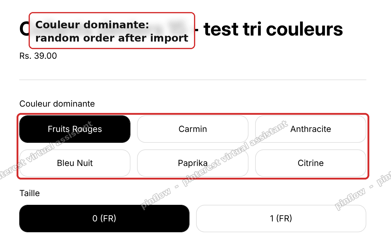 Couleur dominante color buttons in random import order on a Shopify Horizon product page