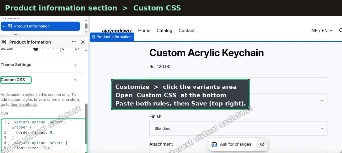 Where to paste custom CSS in the Horizon Product information section