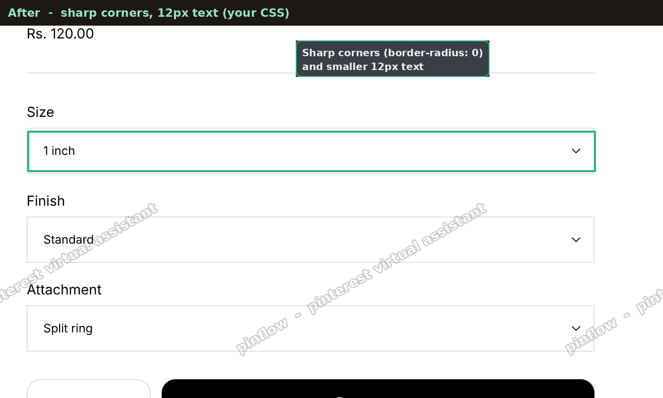 Horizon variant dropdowns after styling, with sharp corners and 12px text