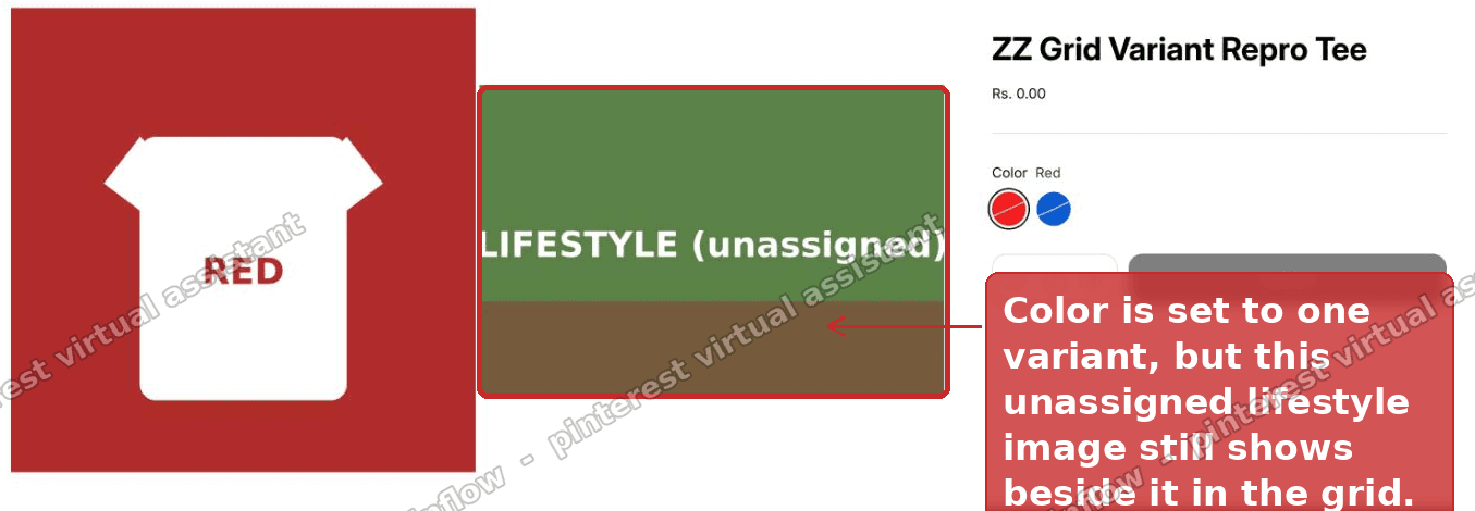 A Horizon Grid gallery showing the selected color's tee next to an unassigned lifestyle image