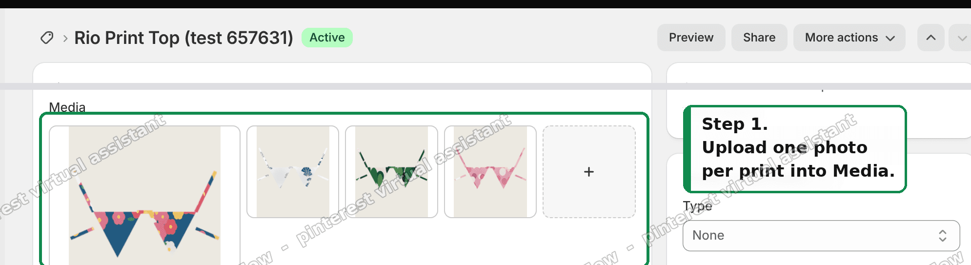 Upload one photo per print into the product's Media section