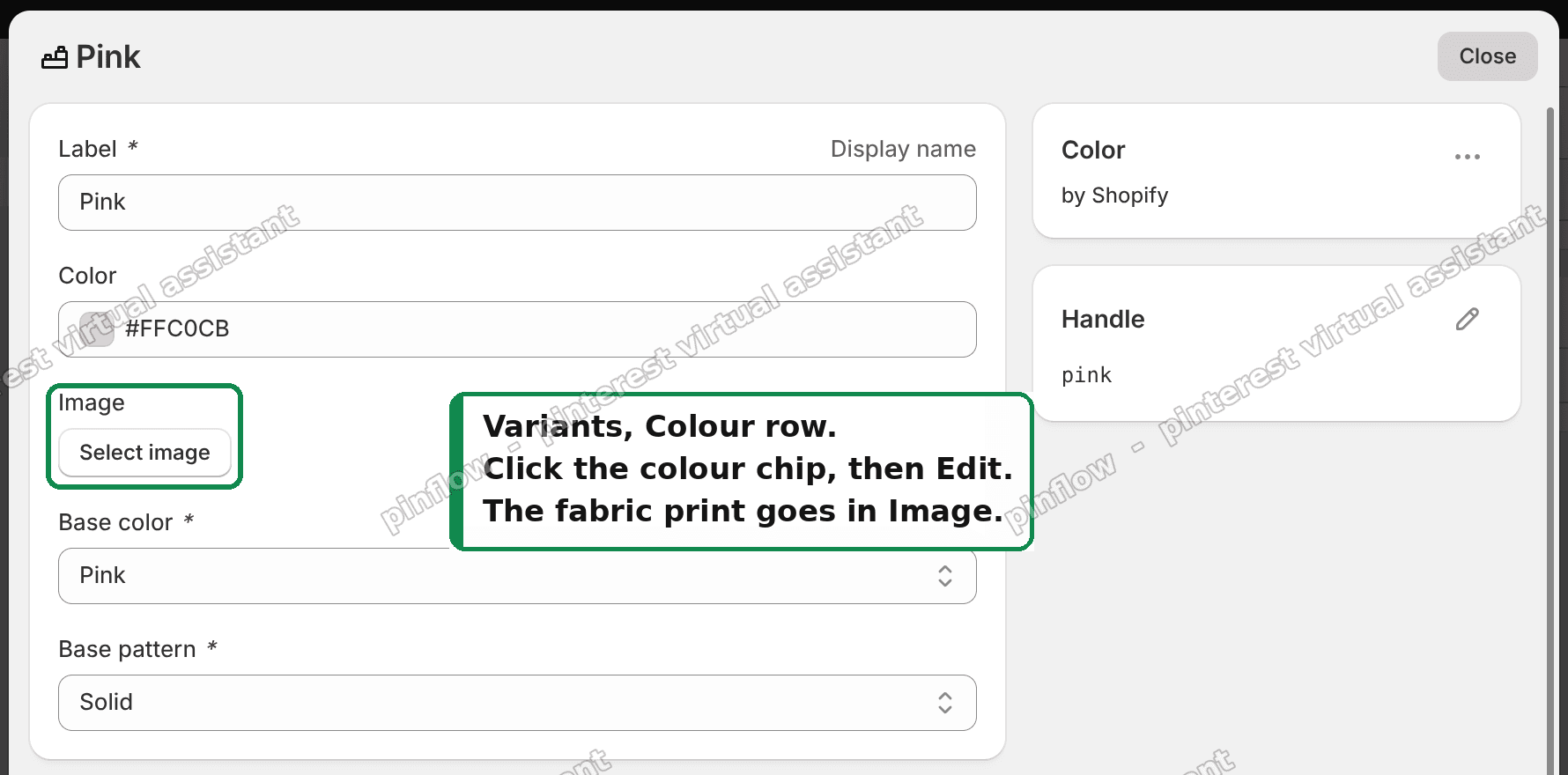 The colour entry, where the fabric print goes in the Image field