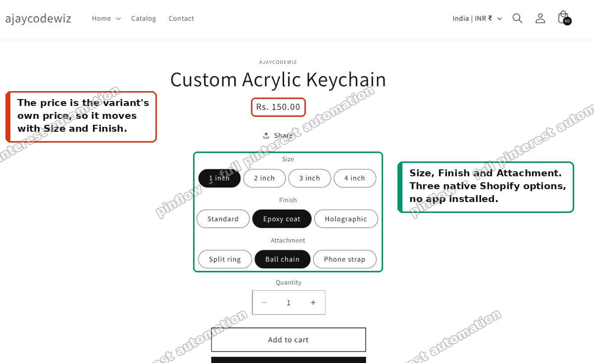 Product page on Dawn showing Size, Finish and Attachment as native Shopify options
