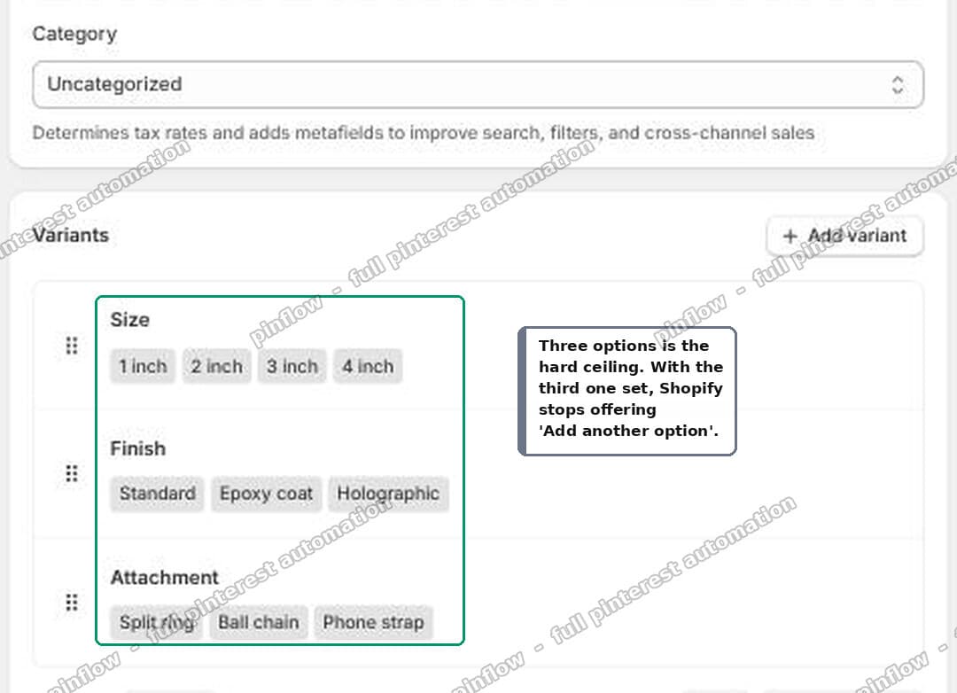 Shopify admin Variants card set up with four sizes and six hook types