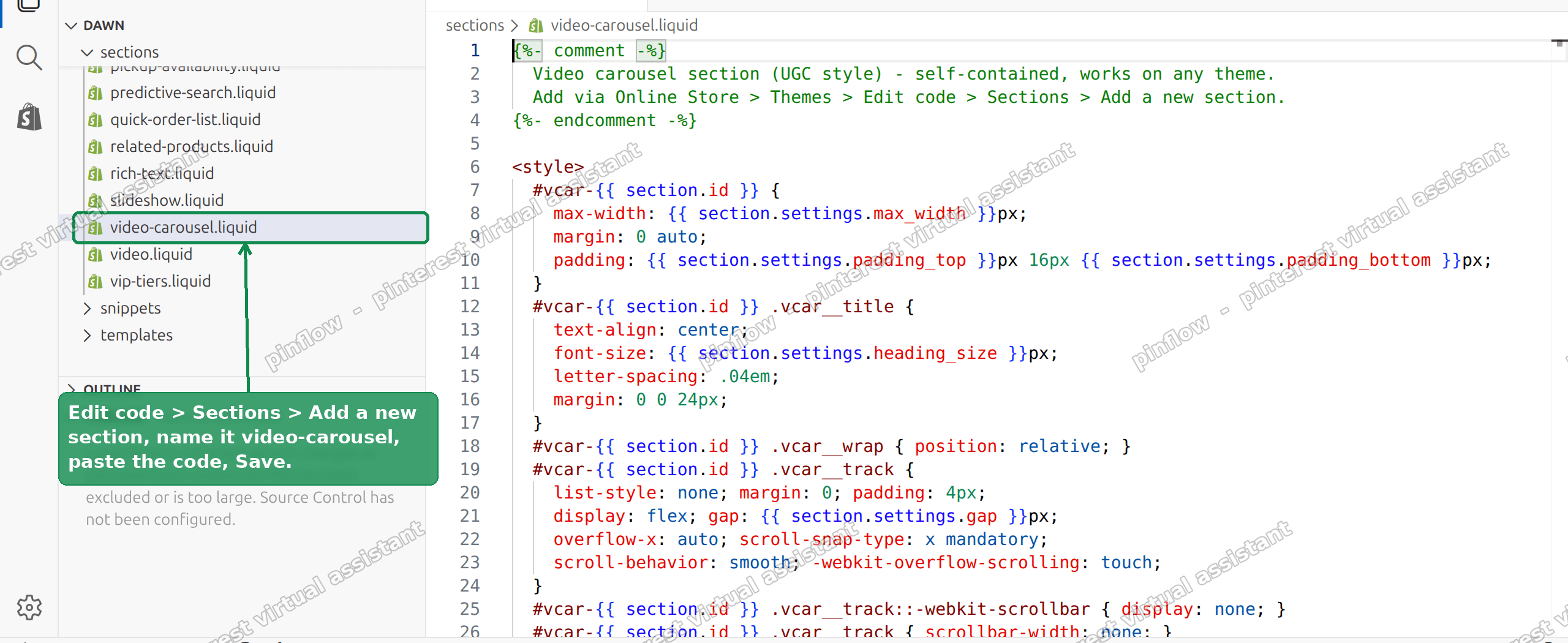 Edit code, add a new section named video-carousel, paste the code, and Save