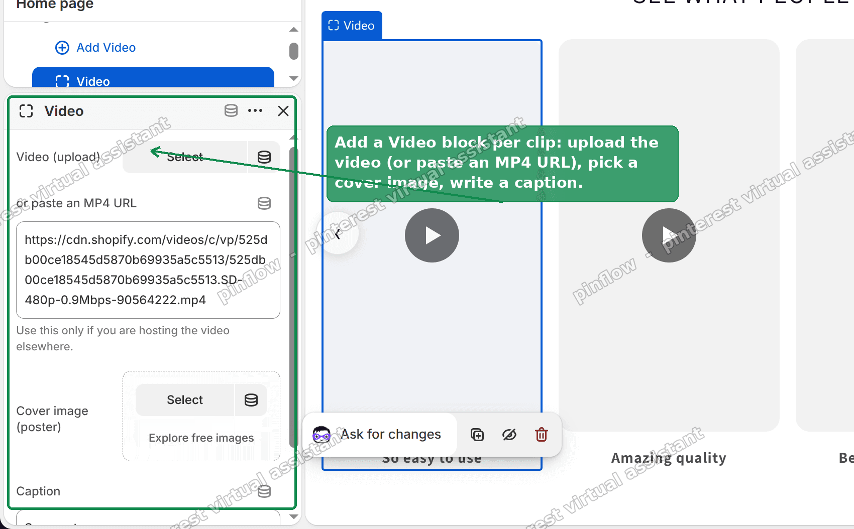 Add a Video block per clip: upload the video, set a cover image and a caption