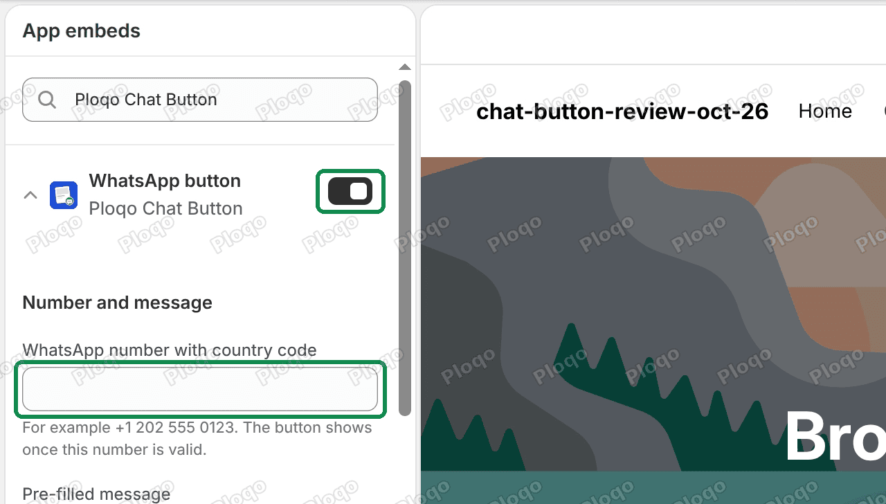 The Shopify theme editor App embeds panel with the WhatsApp button switched on and the empty WhatsApp number box