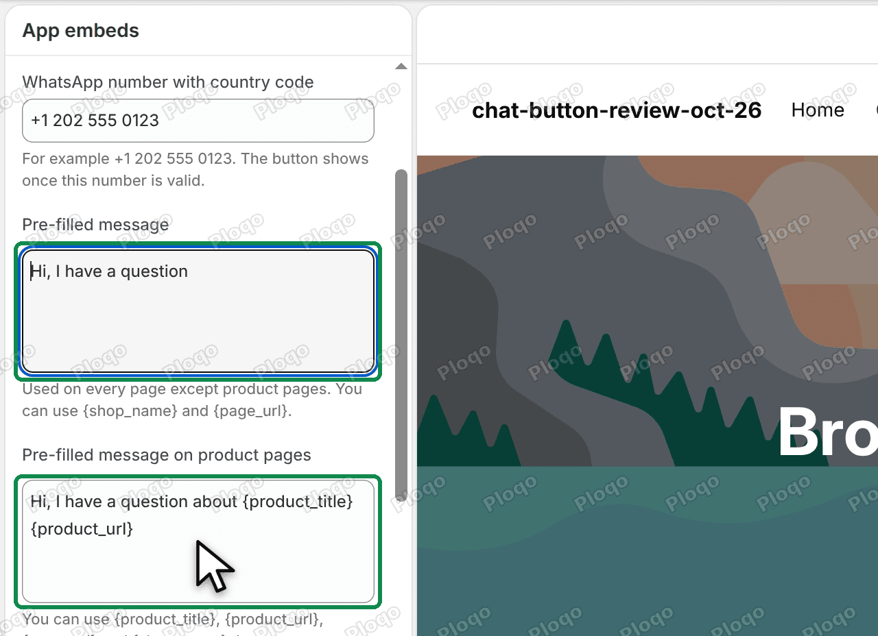 The two pre-filled message boxes in the WhatsApp button settings