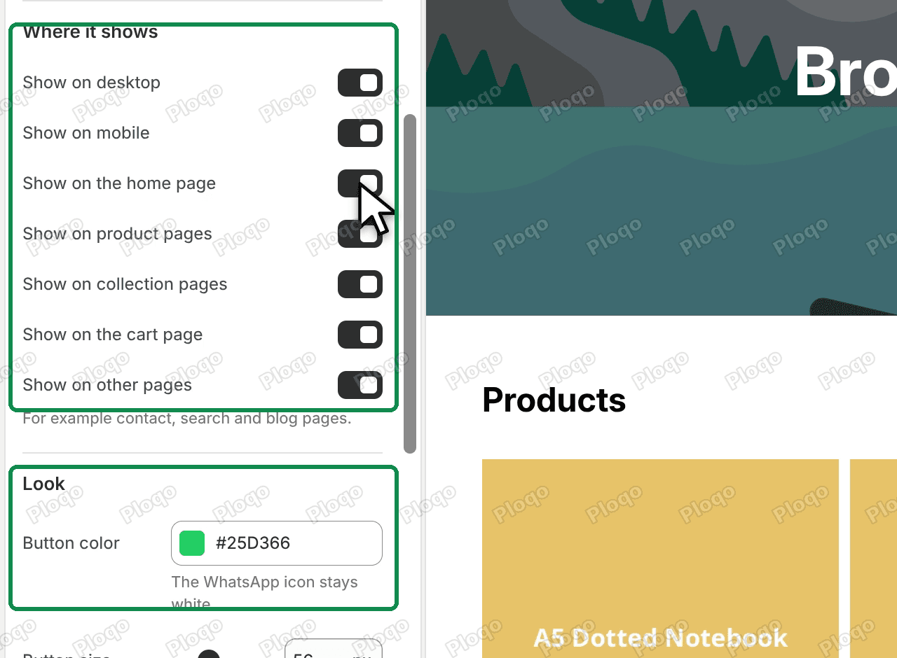 The Where it shows switches and the button colour setting for the WhatsApp button