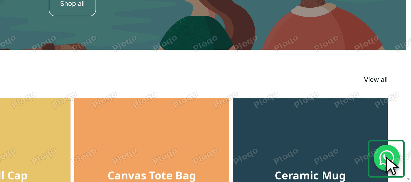 The live Shopify store home page with the green WhatsApp chat button in the bottom right corner