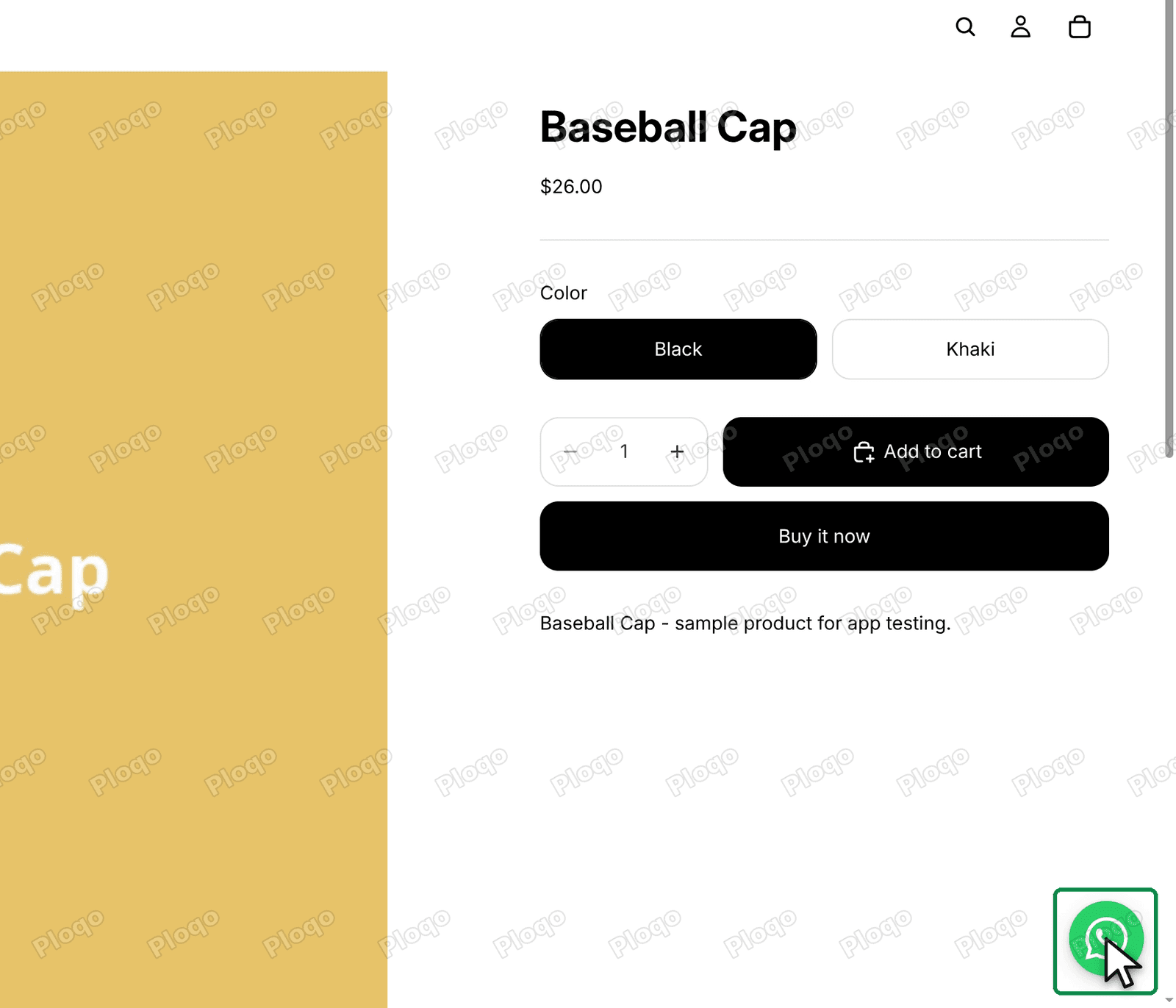 A Shopify product page for a Baseball Cap with the WhatsApp chat button in the corner