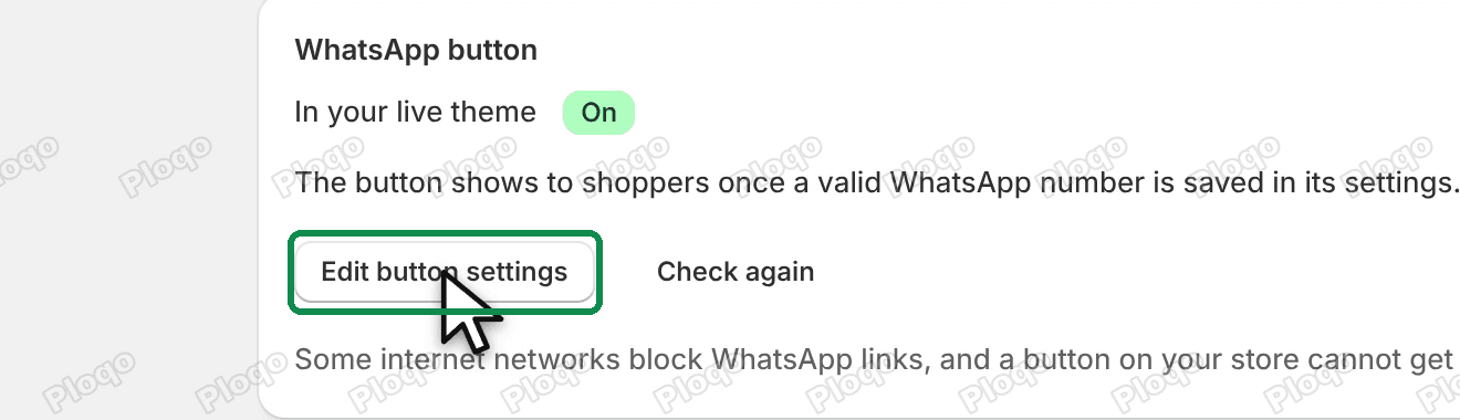 Ploqo Chat Button Home showing the WhatsApp button On, with the Edit button settings button