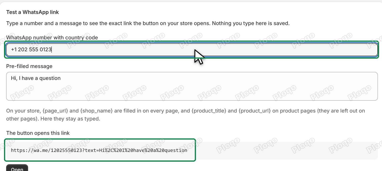 The Test a WhatsApp link box showing the wa.me link built from the number and message