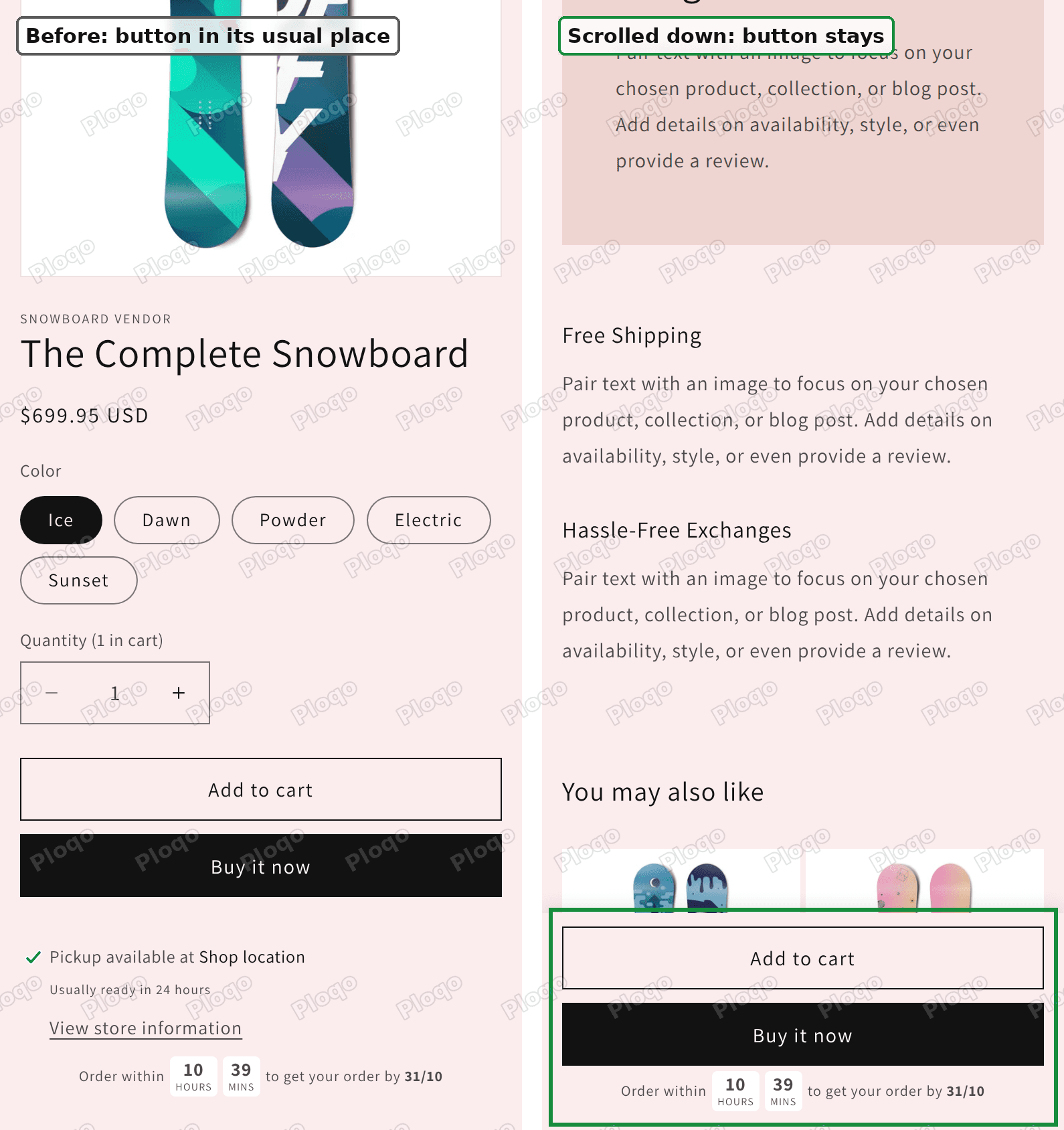 Dawn product page on a phone. Left: the Add to cart button in its usual place. Right: after scrolling, Add to cart, Buy it now and the delivery countdown pinned to the bottom of the screen